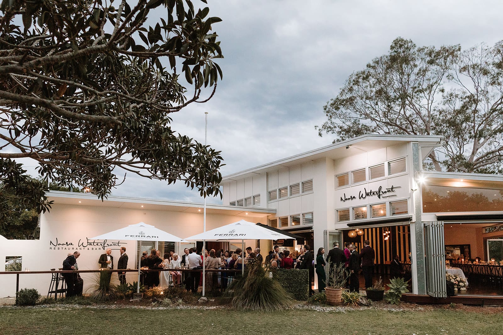 Noosa Waterfront Restaurant & Bar facade at twilight