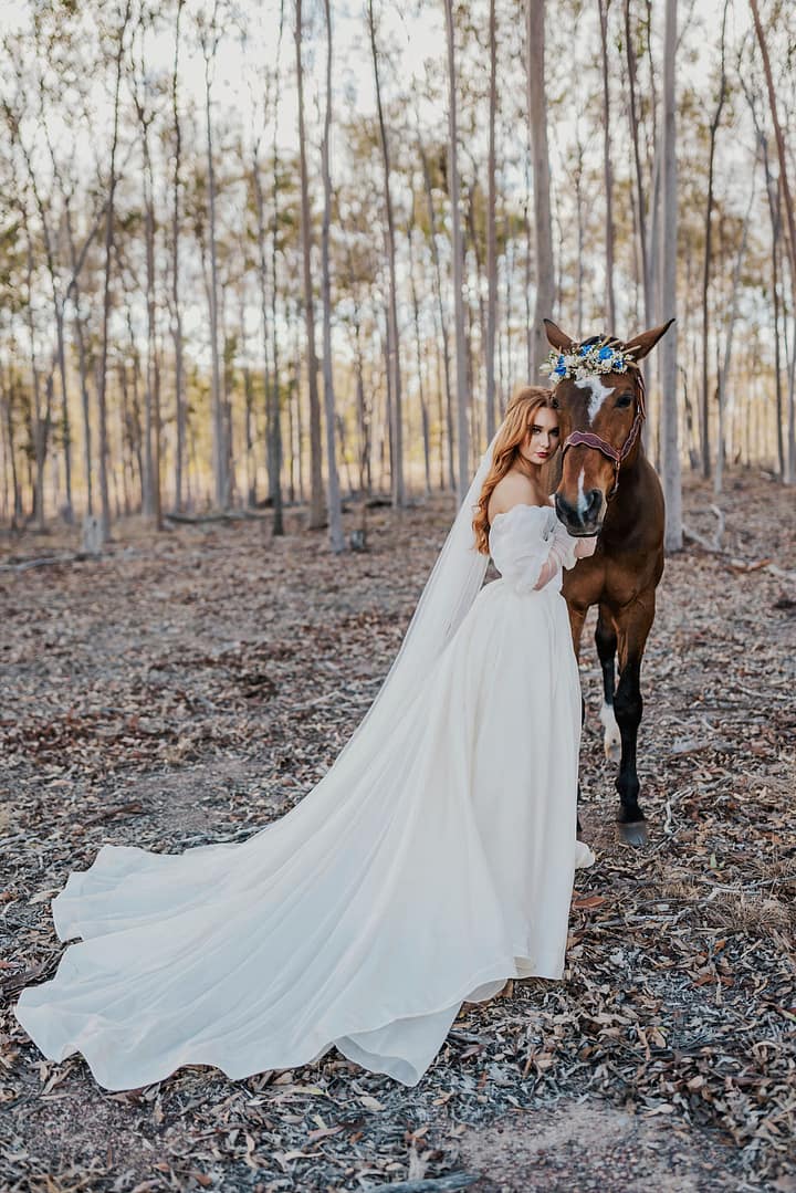 Bride with horse on country property for Sunshine Coast wedding